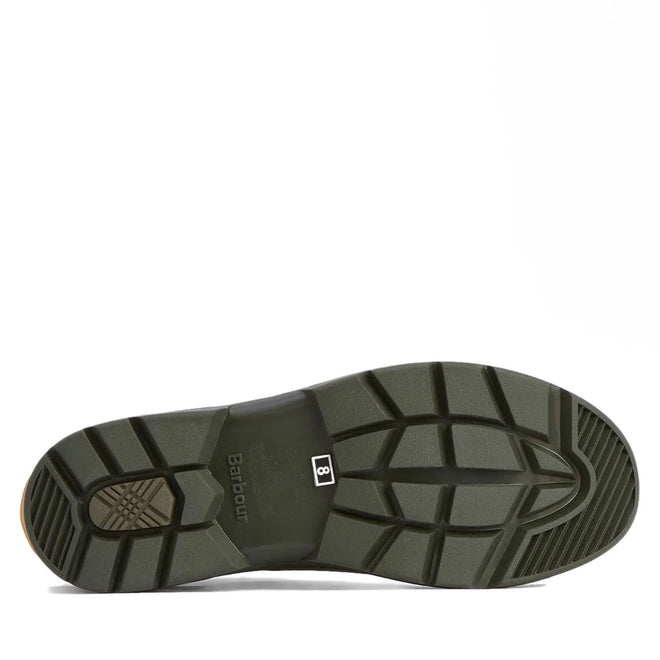The image displays the sole of the Barbour Nimbus Olive/Ochre Chelsea Wellingtons Men's Rainboot, featuring a dark green rubber tread with textured grooves for grip and Barbour branding on a white background., 5063669168813, 5063669168820, 5063669168769, 5063669168776