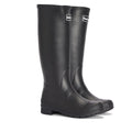 The Barbour Abbey Black Tall Welly Women's Rainboot features textured soles and a front Barbour logo. These classic black rubber rain boots stand upright on a white background, offering a timeless high welly style.