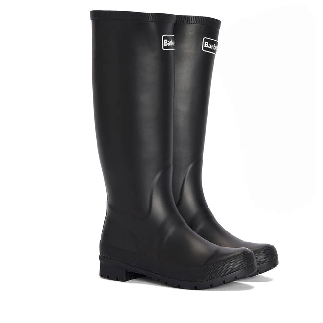 A pair of Barbour Abbey Black Tall Welly Women's Rainboots with a small front logo, shown side by side against a plain white background., 51350, 192569962865, 192569963022, 192569963145, 51354, 51355