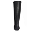 The Barbour Abbey Black Tall Welly Women's Rainboot is shown from the back against a white background, featuring a classic high design with a vertical center seam and textured sole., 51350, 192569962865, 192569963022, 192569963145, 51354, 51355