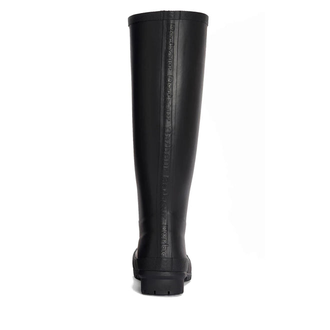The Barbour Abbey Black Tall Welly Women's Rainboot is shown from the back against a white background, featuring a classic high design with a vertical center seam and textured sole., 51350, 192569962865, 192569963022, 192569963145, 51354, 51355