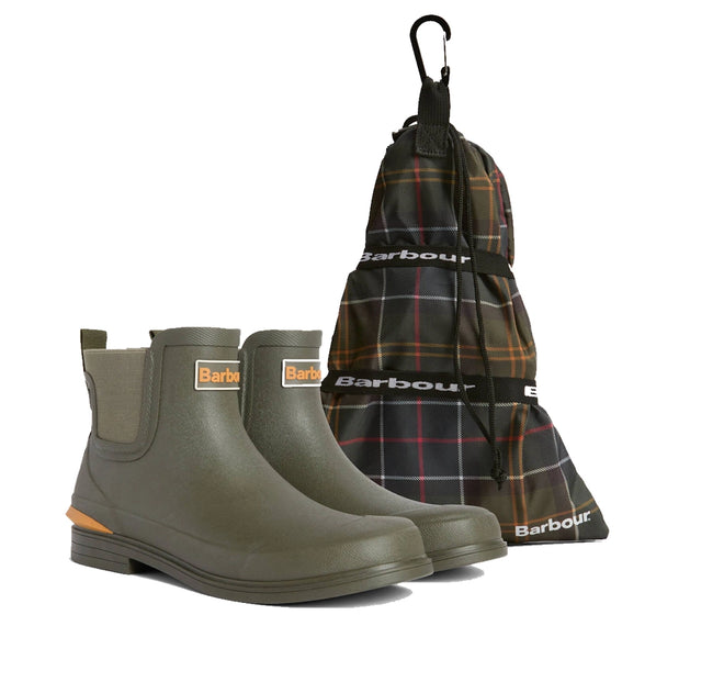 Barbour Abbeyfield Packable Ankle Wellingtons Olive in olive green, featuring elastic side panels and a matching plaid drawstring storage bag with a clip., 51830, 51831, 5063669380604, 5063669380611, 5063669380628, 51835, 51836