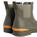 A close-up of the back of two Barbour Abbeyfield Packable Ankle Wellingtons Olive showcases their olive green color, orange soles, pull tabs, fabric sides, and Barbour branding above the heels. These lightweight wellingtons are perfect for on-the-go adventures, blending practicality with timeless style., 51830, 51831, 5063669380604, 5063669380611, 5063669380628, 51835, 51836