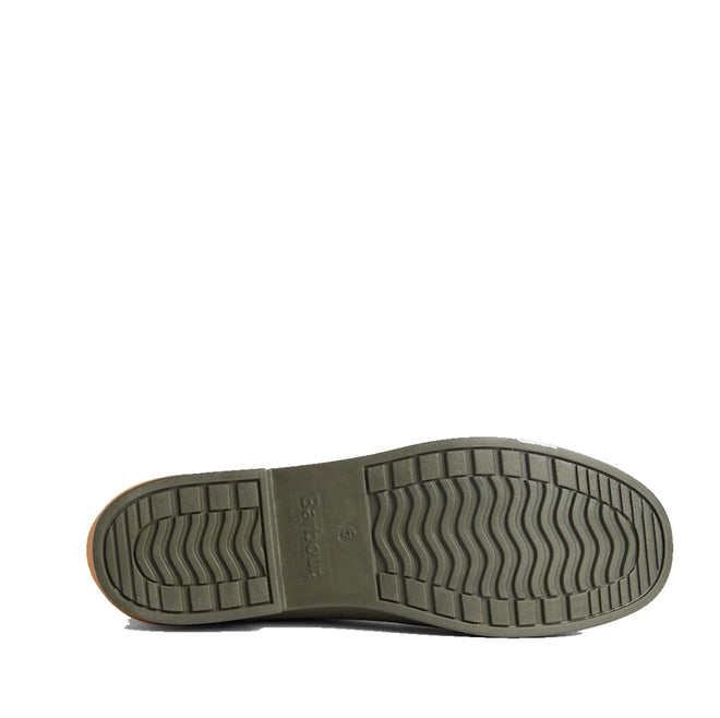 Olive green shoe sole featuring prominent rectangular and zigzag tread patterns, shown from the bottom—designed for the Barbour Abbeyfield Packable Ankle Wellingtons Olive. These packable wellington boots provide reliable grip and stability while remaining lightweight for all-day comfort., 51830, 51831, 5063669380604, 5063669380611, 5063669380628, 51835, 51836