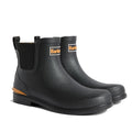 A pair of Barbour Abbeyfield Packable Ankle Wellingtons Black with orange accents, elastic side panels, and back pull tabs are displayed on a white background—perfect as lightweight wellies or festival boots.