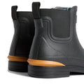 Close-up of the heels of Barbour Abbeyfield Packable Ankle Wellingtons Black, featuring textured surfaces, elastic side panels, and an orange branding detail above the sole—lightweight ankle boots ideal for festivals or wet weather., 54323, 5063669380451, 5063669380468, 5063669380475, 5063669380482, 5063669380499, 54329
