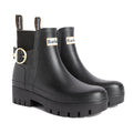 A pair of Barbour Hepburn Platform Ankle Wellingtons Boots in black, these women’s boots are crafted from black rubber and feature chunky platform soles, side buckles, stretchy side panels, and the signature Barbour logo on the front.
