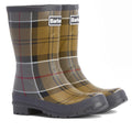 The Barbour Banbury Tartan Mid Calf Wellys Womens Rainboot features a classic brown, black, red, and white tartan pattern, black soles, and the Barbour logo on the front of each stylish mid-calf boot.