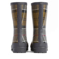 Barbour Banbury Tartan Mid Calf Wellys womens rain boots feature a brown, green, and yellow plaid pattern, black soles, and Barbour embossed on the heel. These mid-calf rainboots are shown from the back., 5063669171042, 5063669171059, 5063669171066, 5063669171073, 5063669171080, 51377