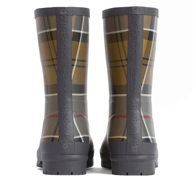 Barbour Banbury Tartan Mid Calf Wellys womens rain boots feature a brown, green, and yellow plaid pattern, black soles, and Barbour embossed on the heel. These mid-calf rainboots are shown from the back., 5063669171042, 5063669171059, 5063669171066, 5063669171073, 5063669171080, 51377