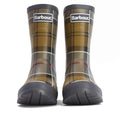A pair of Barbour Banbury Tartan Mid Calf Wellys Womens Rainboot in brown, black, white, and red tartan, shown from the front with the Barbour logo visible at the top of each boot., 5063669171042, 5063669171059, 5063669171066, 5063669171073, 5063669171080, 51377
