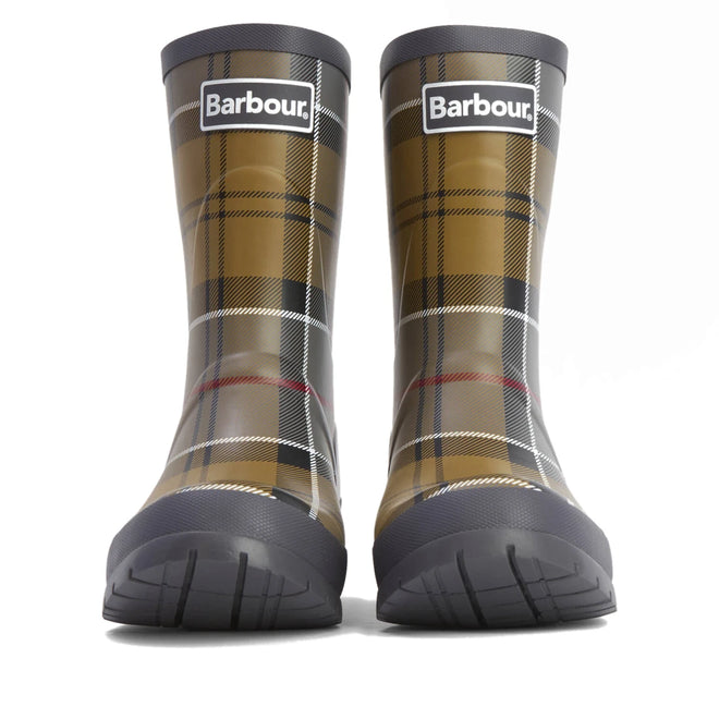 A pair of Barbour Banbury Tartan Mid Calf Wellys Womens Rainboot in brown, black, white, and red tartan, shown from the front with the Barbour logo visible at the top of each boot., 5063669171042, 5063669171059, 5063669171066, 5063669171073, 5063669171080, 51377