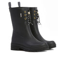 The Barbour Devlin Black Mid Calf Wellys Womens Rainboot features waterproof black uppers, thick soles, gold eyelets, black-and-white laces, side branding, and back pull tabs for easy wear.