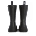 The Barbour Devlin Black Mid Calf Wellys Womens Rainboot, shown from the back, feature Barbour branding on the heel and pull tab, a matte finish, and a chunky sole., 51446, 5063669171547, 5063669171554, 5063669171561, 51450, 51451