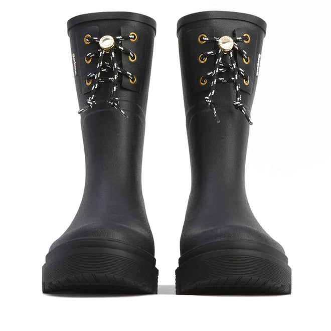 Barbour Devlin Black Mid Calf Wellys Womens Rainboot: classic black boots with gold eyelets and black-and-white laces, shown front view on white background—ideal for rainy days., 51446, 5063669171547, 5063669171554, 5063669171561, 51450, 51451