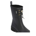 The Barbour Devlin Black Mid Calf Wellys Womens Rainboot features gold eyelets, black-and-white laces, a round front medallion, textured sole, pull tab at the top, and is crafted from black rubber., 51446, 5063669171547, 5063669171554, 5063669171561, 51450, 51451