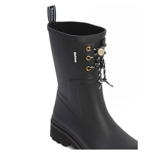 The Barbour Devlin Black Mid Calf Wellys Womens Rainboot features gold eyelets, black-and-white laces, a round front medallion, textured sole, pull tab at the top, and is crafted from black rubber., 51446, 5063669171547, 5063669171554, 5063669171561, 51450, 51451