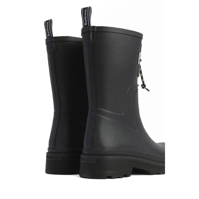 A pair of Barbour Devlin Black Mid Calf Wellys Womens Rainboots with rear pull tabs, displayed at an angle to show both side and back views on a white background., 51446, 5063669171547, 5063669171554, 5063669171561, 51450, 51451