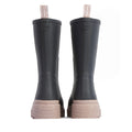 A pair of Barbour Devlin Dusky Grey/Gardenia Pink Mid Calf Wellys womens rainboots, featuring thick soles and pull tabs with Barbour branding, shown from the back against a white background., 5063669171608, 5063669171615, 5063669171622, 5063669171639, 5063669171646, 51457