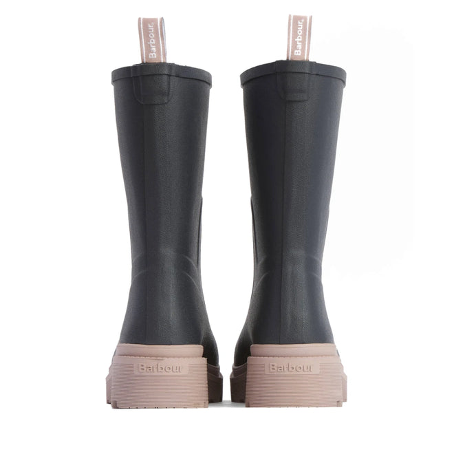 A pair of Barbour Devlin Dusky Grey/Gardenia Pink Mid Calf Wellys womens rainboots, featuring thick soles and pull tabs with Barbour branding, shown from the back against a white background., 5063669171608, 5063669171615, 5063669171622, 5063669171639, 5063669171646, 51457
