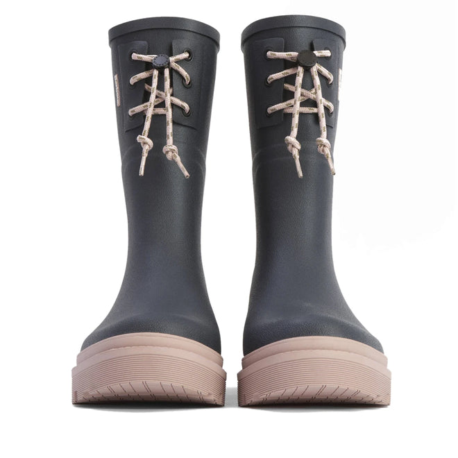 Barbour Devlin Dusky Grey/Gardenia Pink Mid Calf Wellys Womens Rainboot, featuring thick beige soles and rope laces in a bow, photographed on a white background—perfect for rainy days., 5063669171608, 5063669171615, 5063669171622, 5063669171639, 5063669171646, 51457