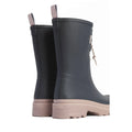 Barbour Devlin Dusky Grey/Gardenia Pink Mid Calf Wellys Womens Rainboot shown from the back and side, featuring dark grey rubber, light beige soles, and pull-tabs, all set against a plain white background., 5063669171608, 5063669171615, 5063669171622, 5063669171639, 5063669171646, 51457
