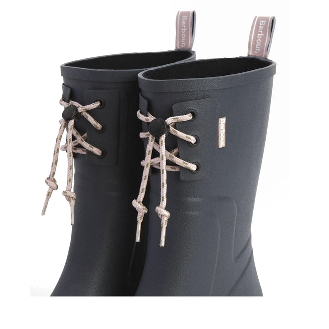 Barbour Devlin Dusky Grey/Gardenia Pink Mid Calf Wellys Womens Rainboot with light laces and branded pull tabs, styled in classic Barbour fashion. Shown against a plain white background., 5063669171608, 5063669171615, 5063669171622, 5063669171639, 5063669171646, 51457