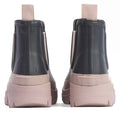 The Barbour Nimbus Dusky Grey/Gardenia Pink Chelsea Wellingtons Womens Rainboot features ankle-height, Chelsea-inspired design with dark gray uppers, thick light pink soles, and matching pull tabs viewed from the back., 5063669171677, 5063669171684, 5063669171691, 5063669171707, 5063669171714, 5063669171721
