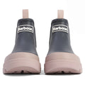 The Barbour Nimbus Dusky Grey/Gardenia Pink Chelsea Wellingtons Womens Rainboot features Chelsea boot-inspired ankle rain boots in navy with thick, light pink soles and pull tabs, displayed from the front against a white background., 5063669171677, 5063669171684, 5063669171691, 5063669171707, 5063669171714, 5063669171721