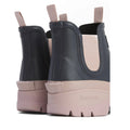 A close-up of two Barbour Nimbus Dusky Grey and Gardenia Pink Chelsea Wellingtons Women's Rainboots, showing the back and side view, thick soles, pull tabs, branding on the heel—stylish waterproof ankle boots., 5063669171677, 5063669171684, 5063669171691, 5063669171707, 5063669171714, 5063669171721