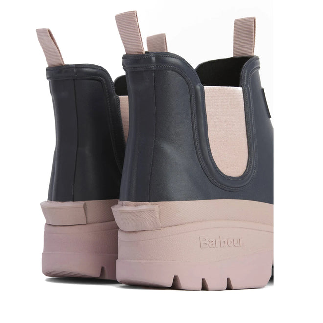 A close-up of two Barbour Nimbus Dusky Grey and Gardenia Pink Chelsea Wellingtons Women's Rainboots, showing the back and side view, thick soles, pull tabs, branding on the heel—stylish waterproof ankle boots., 5063669171677, 5063669171684, 5063669171691, 5063669171707, 5063669171714, 5063669171721