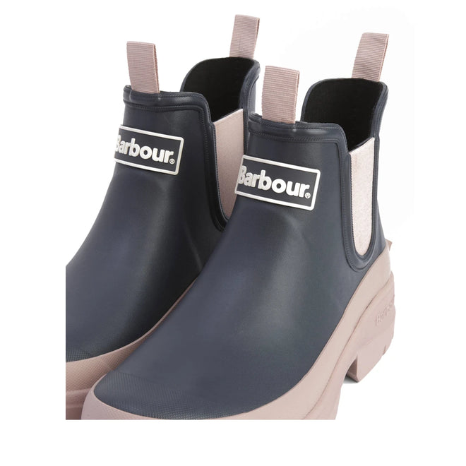 Barbour Nimbus Dusky Grey/Gardenia Pink Chelsea Wellingtons Womens Rainboot are waterproof ankle boots with dusky grey uppers, gardenia pink soles and stretchy pink side panels. Chelsea boot-inspired, they feature a pull tab and Barbour logo on the front., 5063669171677, 5063669171684, 5063669171691, 5063669171707, 5063669171714, 5063669171721