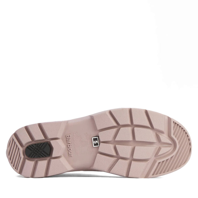 The image shows the sole of a Barbour Nimbus Dusky Grey/Gardenia Pink Chelsea Wellingtons Women's Rainboot with a textured tread, black rectangular heel grip, and visible Barbour logo and number 5 in the center., 5063669171677, 5063669171684, 5063669171691, 5063669171707, 5063669171714, 5063669171721