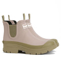 Barbour Nimbus Gardenia Pink/Bleached Olive Chelsea Wellingtons for women feature waterproof construction, gardenia pink uppers with bleached olive soles and panels, pull tabs at front and back, elastic sides, and Barbour logo on the front.