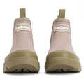 A pair of Barbour Nimbus Gardenia Pink/Bleached Olive Chelsea Wellingtons Women's Rainboots, seen from the front, featuring pull tabs, a Chelsea-inspired design, and the Barbour logo on each waterproof ankle boot., 5063669171745, 5063669171752, 5063669171769, 5063669171776, 5063669171783, 5063669171790