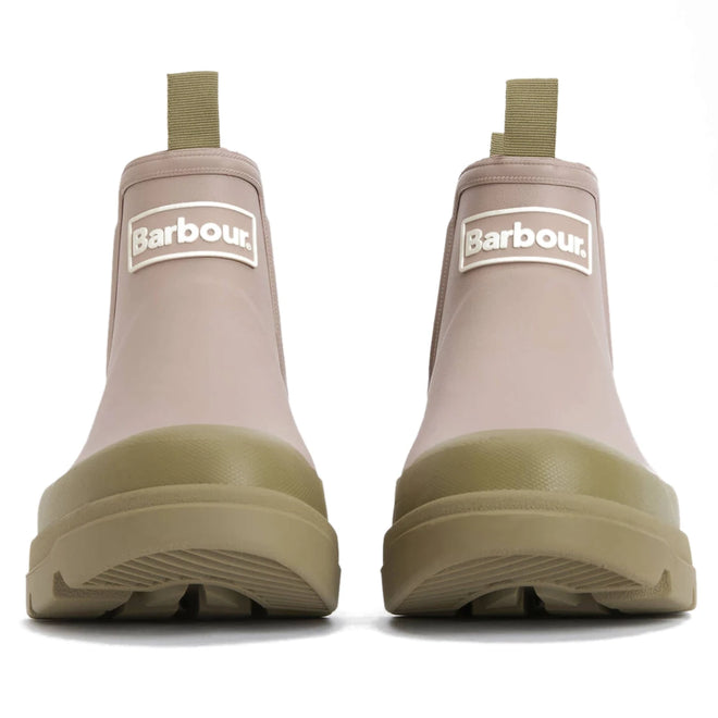 A pair of Barbour Nimbus Gardenia Pink/Bleached Olive Chelsea Wellingtons Women's Rainboots, seen from the front, featuring pull tabs, a Chelsea-inspired design, and the Barbour logo on each waterproof ankle boot., 5063669171745, 5063669171752, 5063669171769, 5063669171776, 5063669171783, 5063669171790