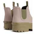 A close-up view of the Barbour Nimbus Gardenia Pink/Bleached Olive Chelsea Wellingtons Womens Rainboots, showing chunky soles, looped pull tabs, and a Chelsea boot-inspired silhouette at the back and side., 5063669171745, 5063669171752, 5063669171769, 5063669171776, 5063669171783, 5063669171790