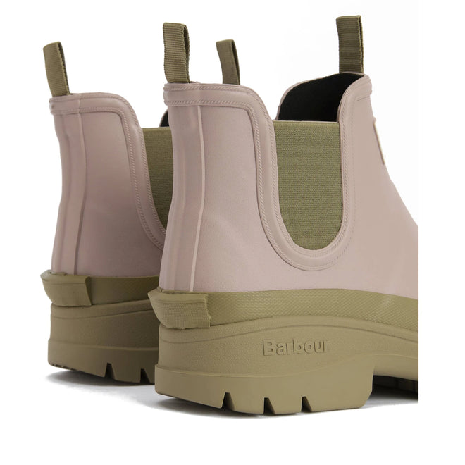 A close-up view of the Barbour Nimbus Gardenia Pink/Bleached Olive Chelsea Wellingtons Womens Rainboots, showing chunky soles, looped pull tabs, and a Chelsea boot-inspired silhouette at the back and side., 5063669171745, 5063669171752, 5063669171769, 5063669171776, 5063669171783, 5063669171790
