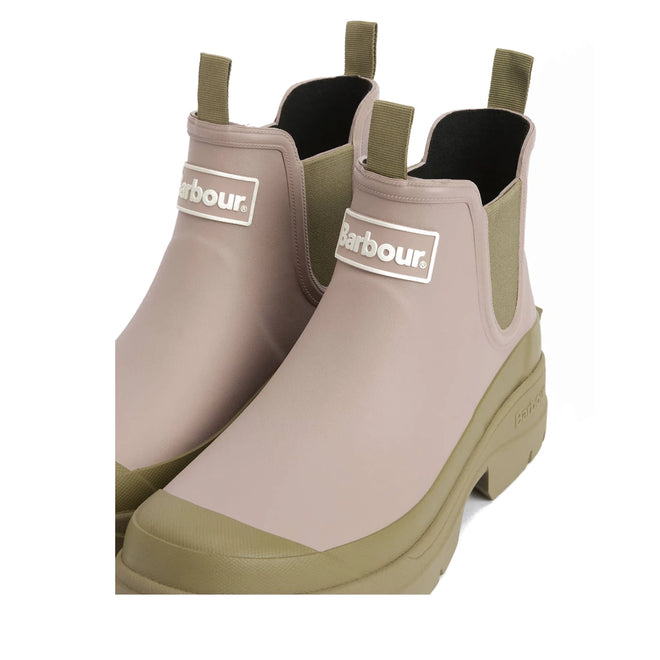 A pair of Barbour Nimbus Gardenia Pink/Bleached Olive Chelsea Wellingtons women’s rainboots with pull tabs, chunky rubber soles, and the Barbour logo displayed on the front., 5063669171745, 5063669171752, 5063669171769, 5063669171776, 5063669171783, 5063669171790