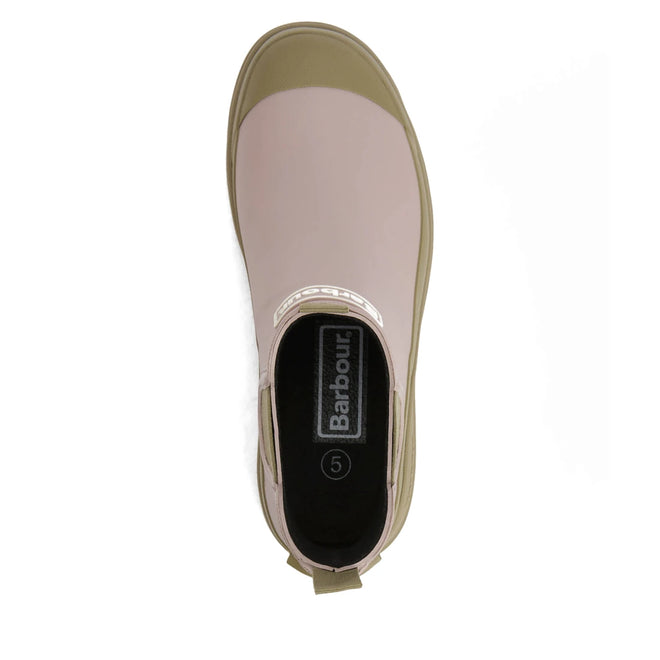 Top-down view of a single Barbour Nimbus Gardenia Pink/Bleached Olive Chelsea Wellingtons Womens Rainboot with a heel pull tab, Chelsea-inspired design, and size 5 marking on the black insole., 5063669171745, 5063669171752, 5063669171769, 5063669171776, 5063669171783, 5063669171790