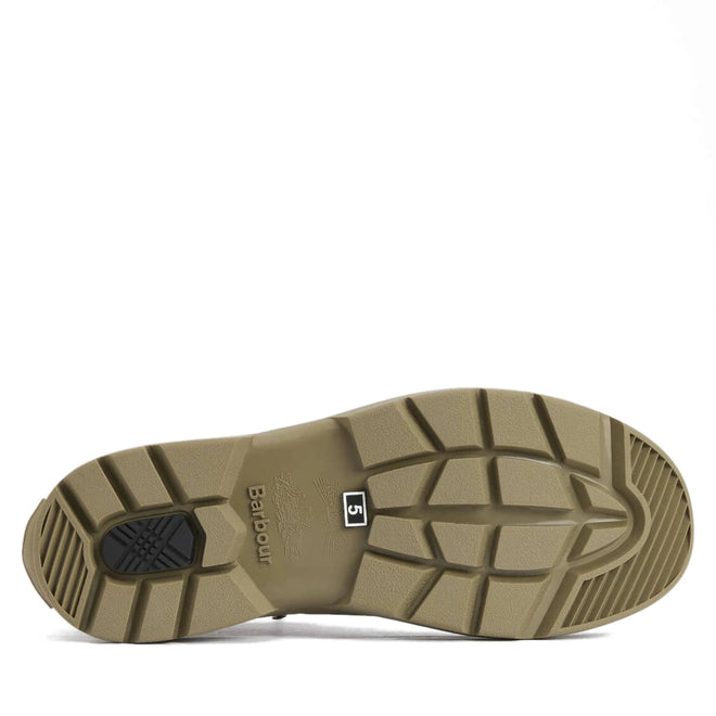 The image shows the sole of a beige Barbour Nimbus Gardenia Pink/Bleached Olive Chelsea Wellingtons Womens Rainboot, with deep grooves for grip, Barbour and the number 5 printed on it, and a black Chelsea-inspired patterned section near the heel., 5063669171745, 5063669171752, 5063669171769, 5063669171776, 5063669171783, 5063669171790