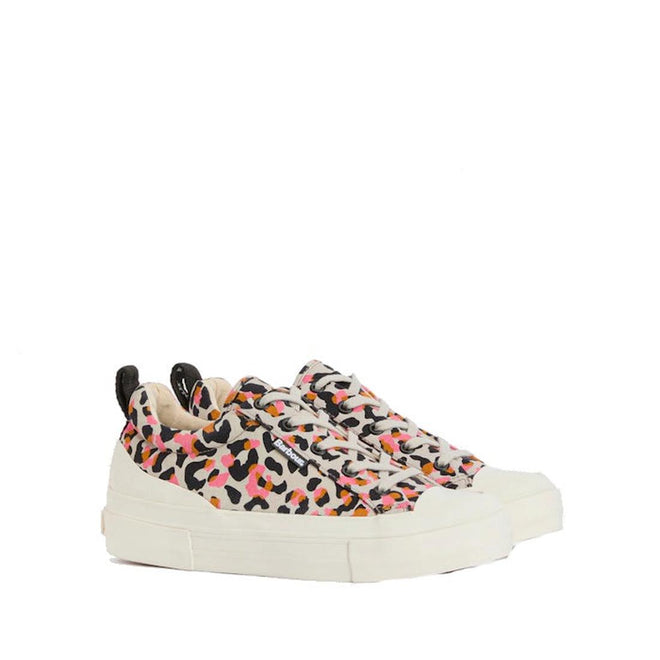 The Barbour Womens Stanhope Canvas Trainer Pink Leopard features a white sole, vibrant pink leopard print with orange, black, and beige spots, white laces, and black heel pull tabs.,51987, 5063669169698, 5063669169704, 5063669169711, 5063669169728, 5063669169735, 51993