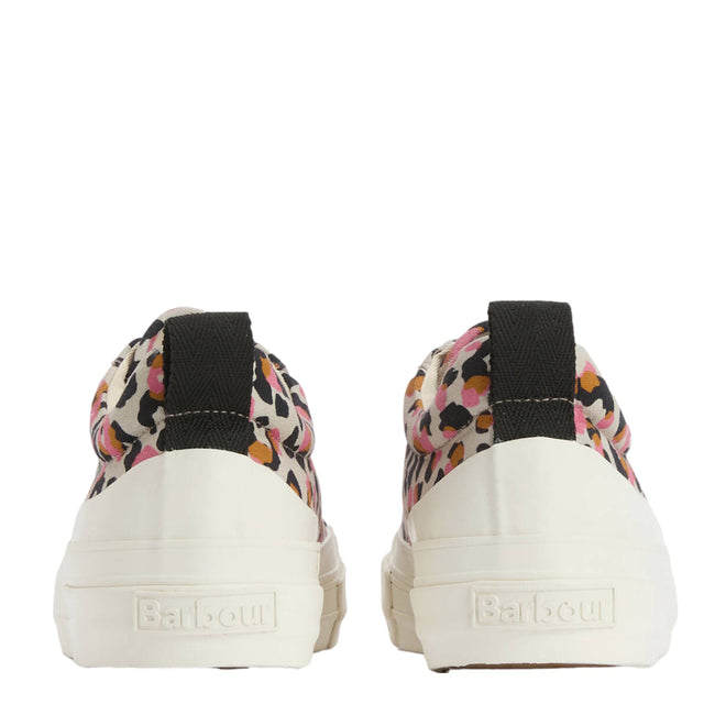Back view of Barbour Womens Stanhope Canvas Trainer Pink Leopard, featuring a white sole, vibrant pink leopard print, black pull tabs, and Barbour branding on the heel for a stylish finish., 51987, 5063669169698, 5063669169704, 5063669169711, 5063669169728, 5063669169735, 51993