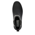 Top view of a single Barbour Wilton Black Chelsea Wellingtons Women's Rainboot featuring a pull tab at the back, tartan lining, and a silver Barbour-branded plate on the front., 190375411423, 190375411546, 190375411614, 190375411768, 190375411850, 190375412024