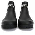 The Barbour Wilton Black Chelsea Wellingtons Women's Rainboot features a chunky sole, white Barbour logo on the shaft, and a classic tartan lining for added style—shown here from the front., 190375411423, 190375411546, 190375411614, 190375411768, 190375411850, 190375412024