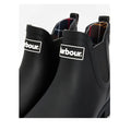 Close-up of two Barbour Wilton Black Chelsea Wellingtons Womens Rainboots with elastic side panels, front Barbour logo, and an interior tartan lining in red, blue, yellow, and white plaid for a classic touch., 190375411423, 190375411546, 190375411614, 190375411768, 190375411850, 190375412024
