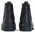 The Barbour Wilton Navy Chelsea Wellingtons Womens Rainboot is shown from the back, featuring thick ridged soles, pull tabs, a small round brass logo on each boot, classic Chelsea-style details, and signature tartan lining., 190375411744, 190375411867, 190375412055, 190375412123, 190375412222, 51392