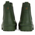 The Barbour Wilton Olive Chelsea Wellingtons Womens Rainboot is shown from the back, with pull tabs, rugged soles, Barbour branding above the heel, and a signature tartan lining., 190375411737, 190375411898, 190375411973, 190375412116, 190375412192, 190375412321