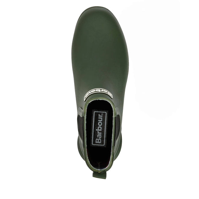 Top view of the Barbour Wilton Olive Chelsea Wellingtons Women's Rainboot, featuring a heel pull tab, Barbour branding on the insole and tongue, plus signature tartan lining., 190375411737, 190375411898, 190375411973, 190375412116, 190375412192, 190375412321