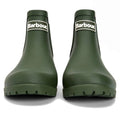 A pair of Barbour Wilton Olive Chelsea Wellingtons Womens Rainboots, shown from the front, feature thick tread soles, white Barbour logo on each boot, and a classic tartan lining for comfort., 190375411737, 190375411898, 190375411973, 190375412116, 190375412192, 190375412321
